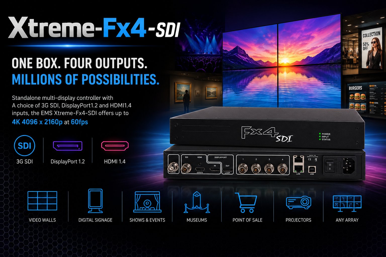 Xtreme-FX4-SDI — one box, four outputs, SDI DisplayPort and HDMI inputs