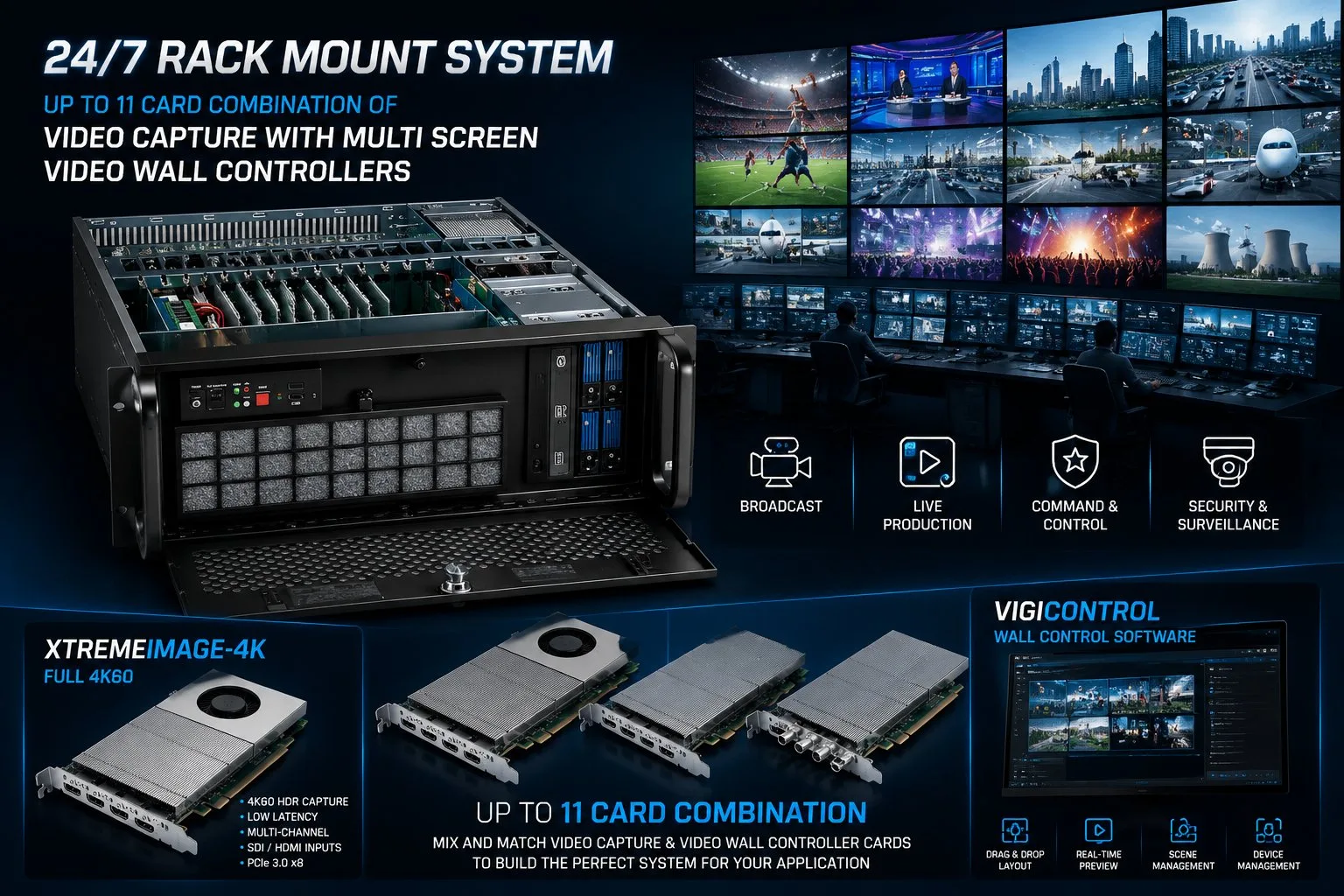 24/7 rack mount video wall controller system, up to 11-card combination, managed by VigiControl