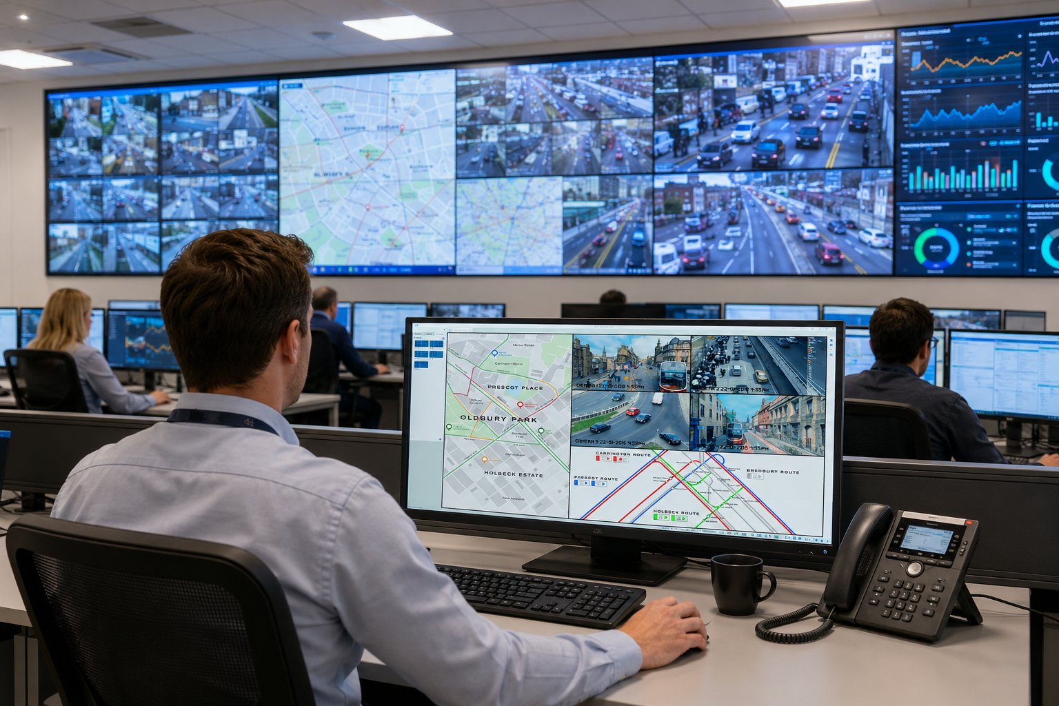 Command centre operator monitoring live traffic feeds on a video wall, powered by VigiControl